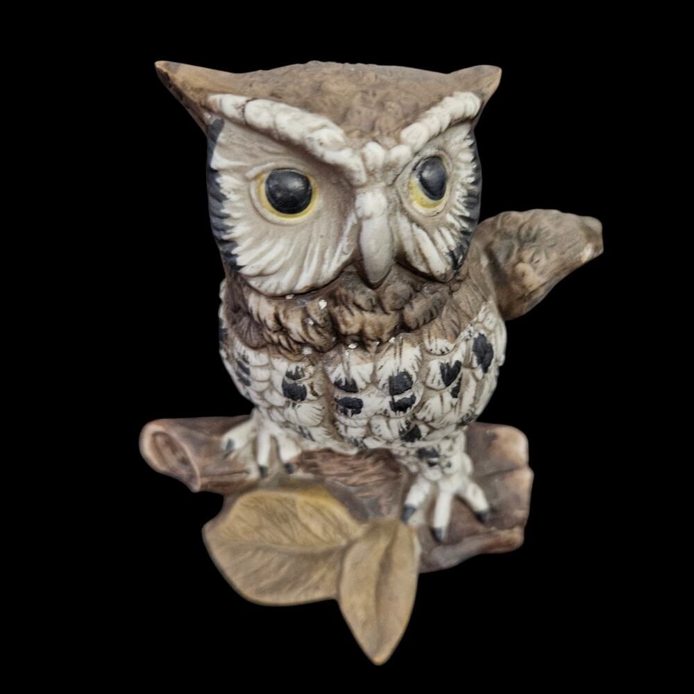 Vintage Ceramic Great Horned Owl Figurine on Branch Woodland Bird Decor